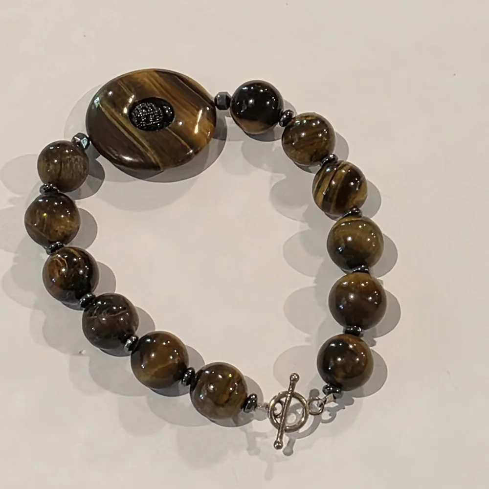 Tiger Eye Stone Beaded Bracelet with Round Centerpiece‎ Statement Jewelry